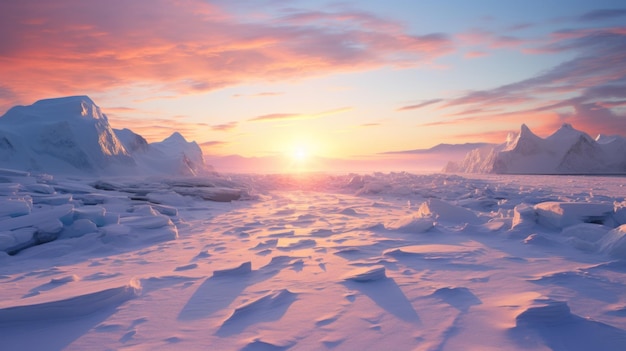 IA generativa Il tramonto del sole sui campi di neve dell'Antartide