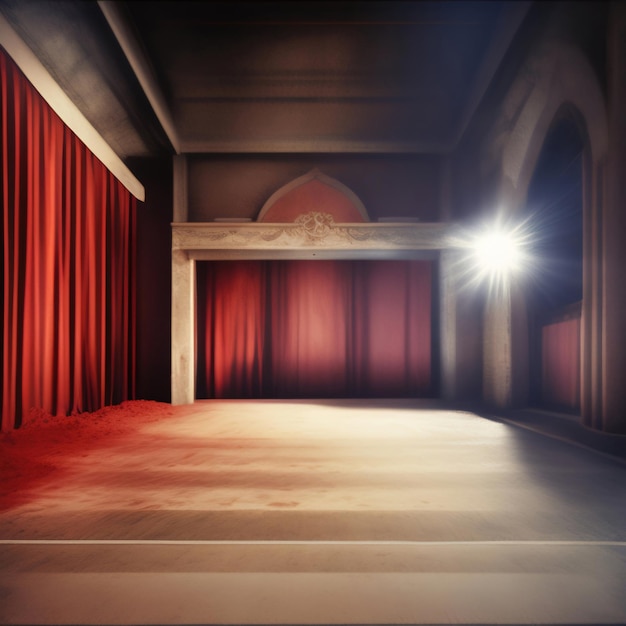 IA generativa Palco teatrale vuoto con tende di velluto rosso illustrazione 3D sfondo