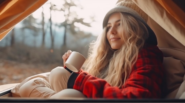 IA generativa primo piano di una signora che si accampa in una tenda sorseggiando caffè caldo da un thermos e godendosi la vita all'aria aperta
