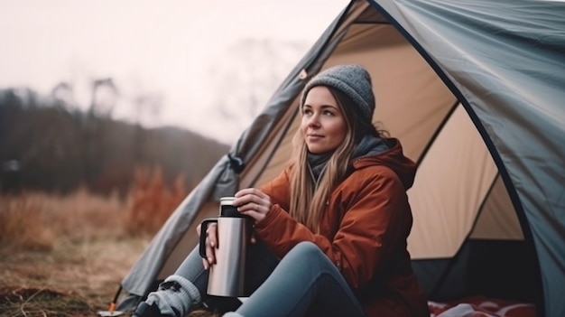 IA generativa primo piano di una signora che si accampa in una tenda sorseggiando caffè caldo da un thermos e godendosi la vita all'aria aperta