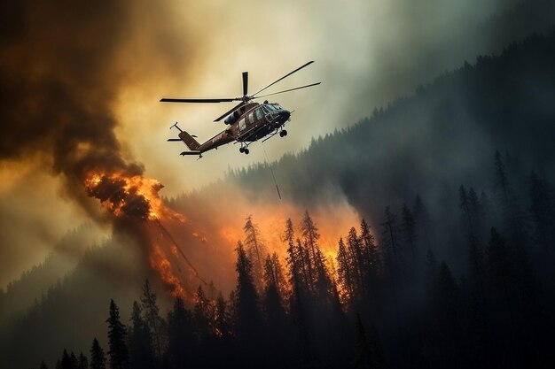 IA generativa Un elicottero antincendio cerca di spegnere il fuoco di un incendio boschivo