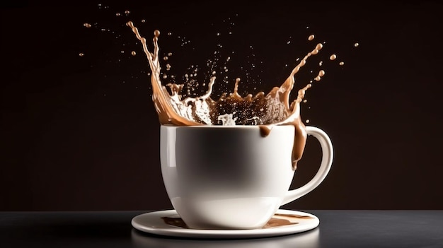 IA generativa un'onda di caffè liquido che schizza fuori da una tazza bianca