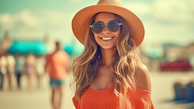 IA generativa una bella donna sotto il sole estivo con occhiali da sole e cappello