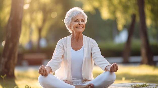 IA generativa una donna anziana allegra che pratica yoga in un parco luminoso