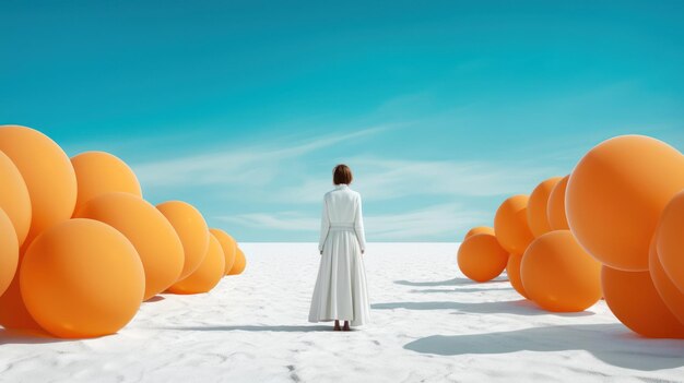 IA generativa Una figura femminile solitaria in abito bianco e grandi palloncini arancioni Cielo blu e deserto bianco Opere d'arte concettuali creative e surreali Concetto di gaslighting e salute mentale Banner