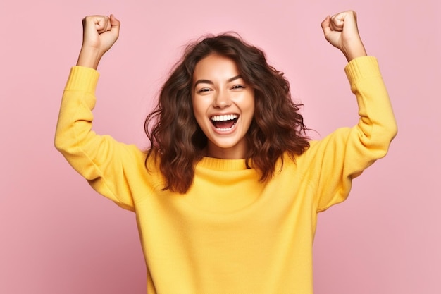 IA generativa Una giovane donna felice in un abito alla moda sorride stringendo il pugno, si rallegra e guarda