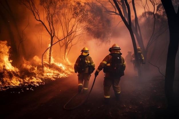 IA generativa Vigili del fuoco che cercano di spegnere un incendio boschivo Vigili del fuoco che combattono con erba e b