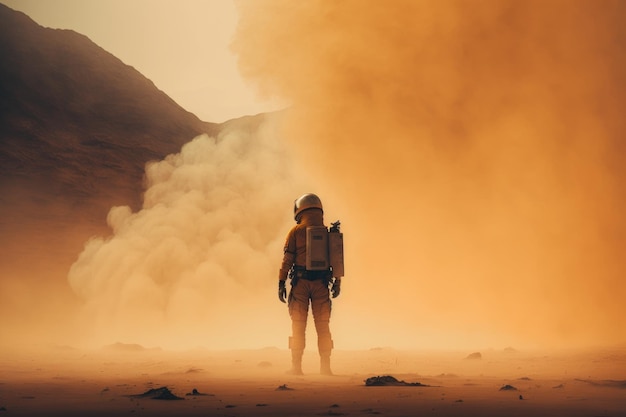 IA ha generato una ripresa posteriore di un astronauta su Marte nel mezzo di una nuvola di polvere.