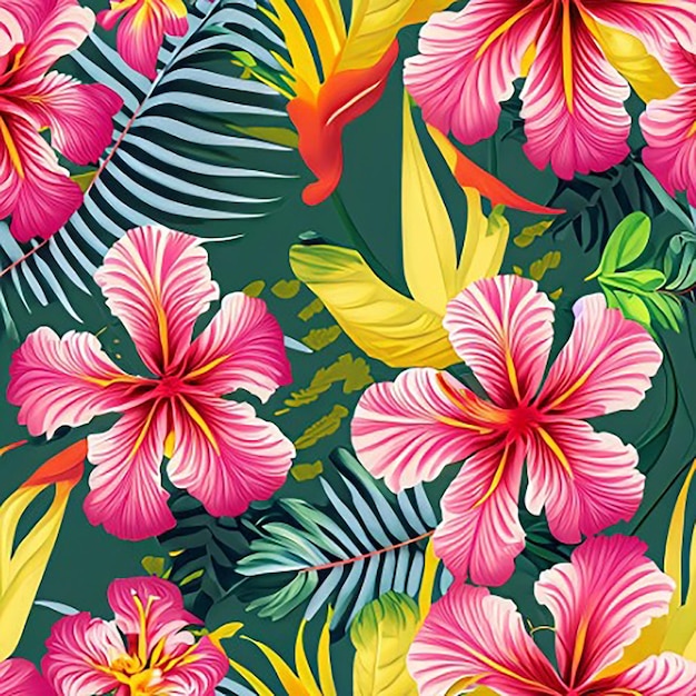 Ibisco tessuto floreale senza cuciture natura botanica sfondo modello tessile con fiori tropicali