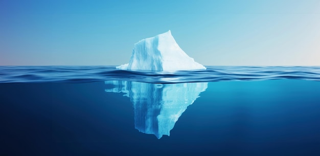 Iceberg bianco che galleggia nell'acqua blu limpida mare sotto e sopra l'acqua Riscaldamento globale Generativo