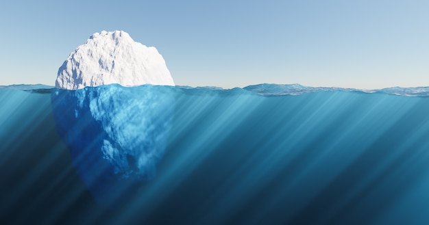 Iceberg che galleggia nel mare con acqua cristallina e raggi di sole. concetto di riscaldamento globale. Rendering 3D