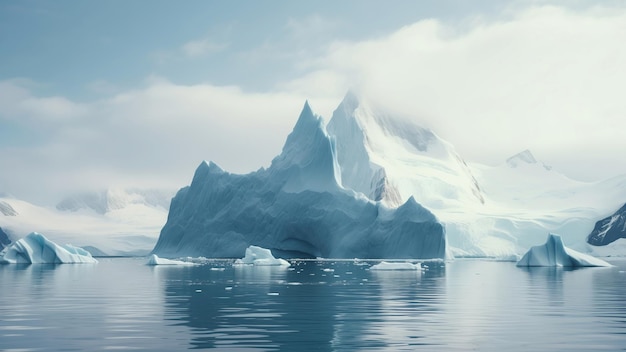 Iceberg che galleggiano nelle calme acque antartiche sotto un cielo morbido