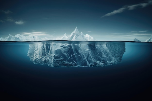 Iceberg con parte nascosta sott'acqua nell'oceano Concetto di riscaldamento globale Minaccia e pericolo nascosti