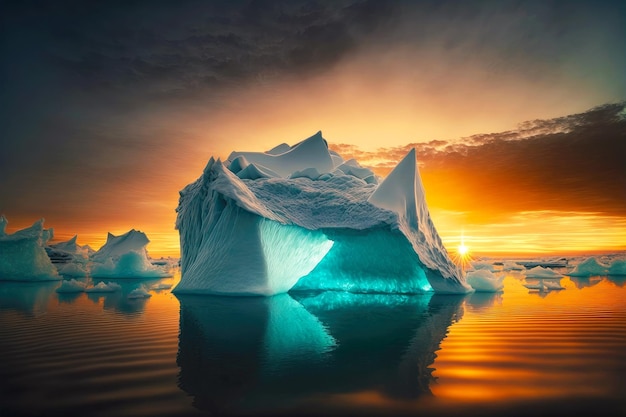 Iceberg galleggiante che assorbe gli ultimi raggi del sole al tramonto