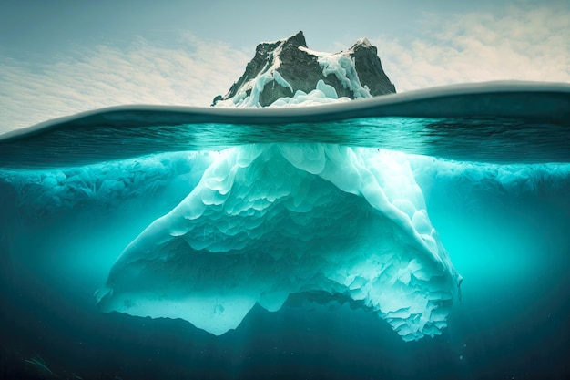 Iceberg galleggiante che va in profondità sott'acqua con un pezzo di roccia sopra il mare