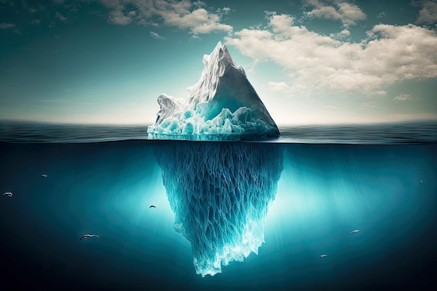 Iceberg galleggiante con picchi affilati e blocchi di ghiaccio trasparenti sott'acqua illuminati dal sole