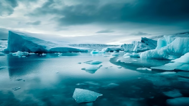 Iceberg in un lago con un cielo nuvoloso sullo sfondo.