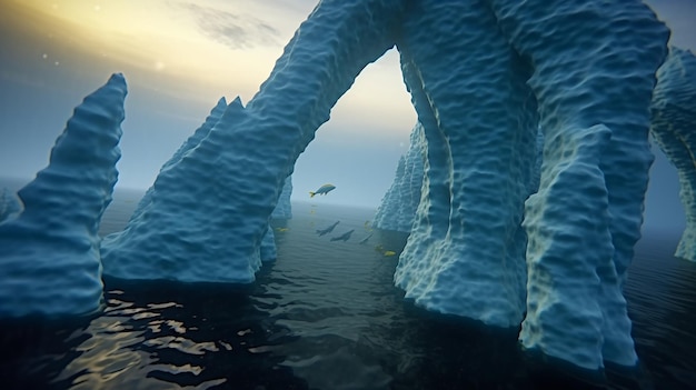 Iceberg iperrealistico con ghiaccio blu brillante e pinguini