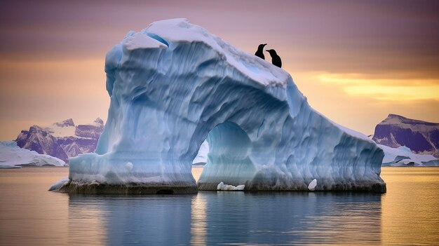 Iceberg iperrealistico con ghiaccio blu brillante e pinguini