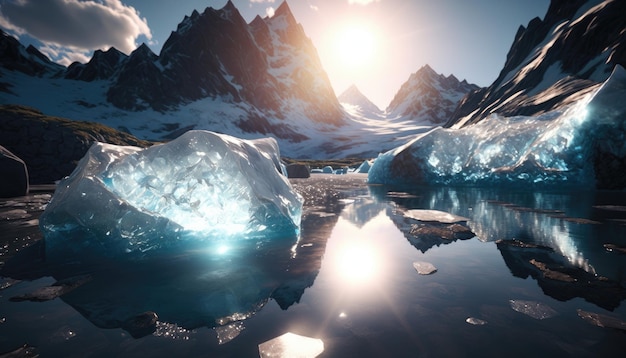 Iceberg nell'acqua con il sole che splende su di loro