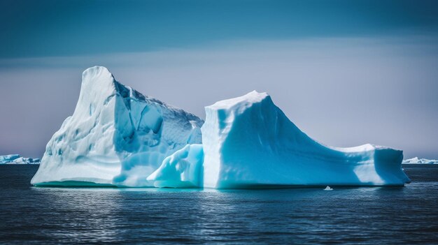 Iceberg nell'oceano con cielo blu sullo sfondo