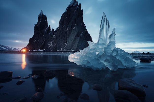 Iceberg nella laguna di Jokulsarlon Islanda fotografia minimalista rovine di ghiaccio notte intricata alta risoluzione 8K ultra HD AI generato