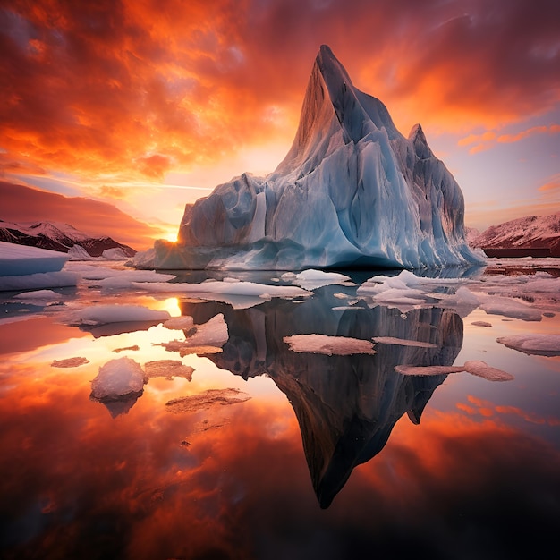 iceberg sotto un cielo colorato di fantasia durante il tramonto all'immagine AI generativa artica