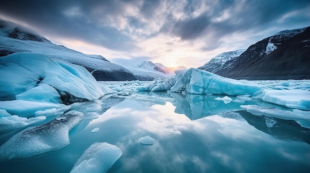 iceberg su un lago con le montagne sullo sfondo