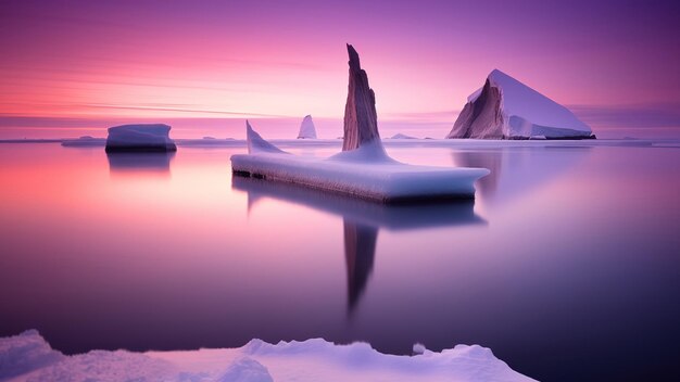 Iceberg sulla riva dell'oceano al tramonto Bella immagine generativa di AI del paesaggio marino