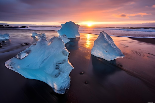 Iceberg sulla spiaggia al tramonto