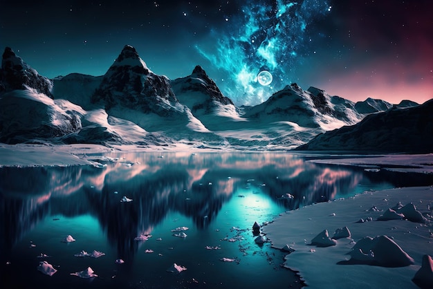 Icelake in una fantasia notte colorata ricoperta di neve