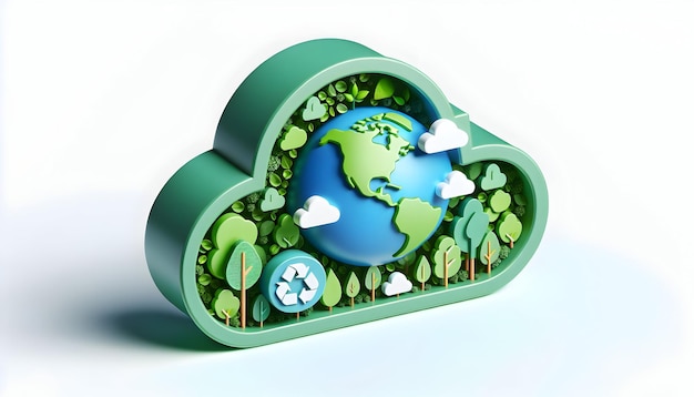 Icona 3d come Eco Cloudscape Elevate al cloud computing eco-consciente che dà priorità al pianeta in C