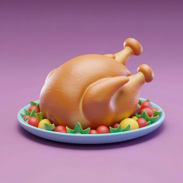 Icona 3D di pollo arrosto in stile cartone animato in plastica Illustrazione 3D minimalista di pollo al forno di Natale