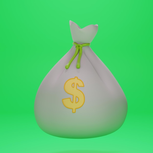 Icona 3D di una borsa di soldi con dollari su uno sfondo verde