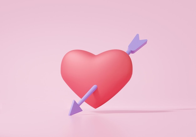 Icona 3D un cuore rosso trafitto con la freccia su sfondo rosa Cartoon minimal carino liscio concetto di San Valentino 3d rendering illustrazione