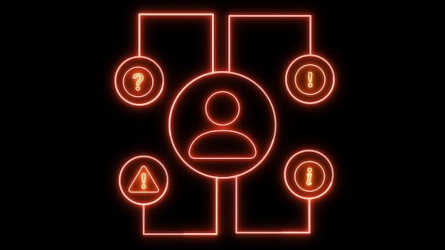 Icona a neon astratta con silhouette umana e simboli di avvertimento su uno sfondo nero