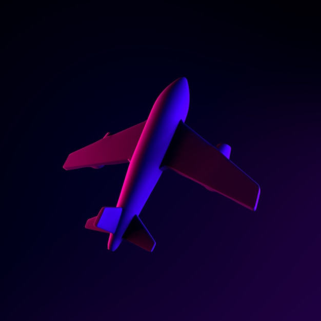 Icona al neon dell'aeroplano. elemento di interfaccia ui ux di rendering 3D. Simbolo incandescente scuro.