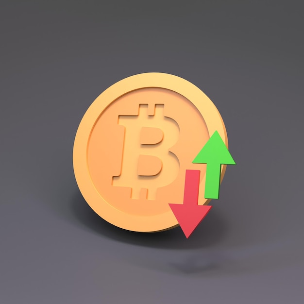 Icona Bitcoin freccia su e giù che indica l'aumento del movimento dei prezzi, la caduta e il rendering 3d del concetto di mercato