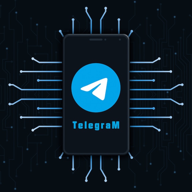 Icona con il logo di Telegram sullo schermo del telefono su sfondo di tecnologia 3d