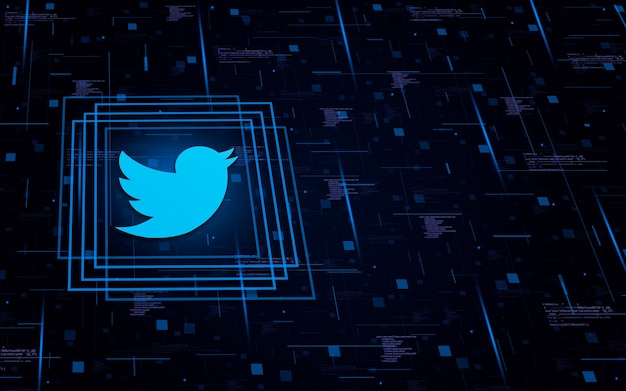 Icona con il logo di Twitter su background tecnologico con elementi di codice