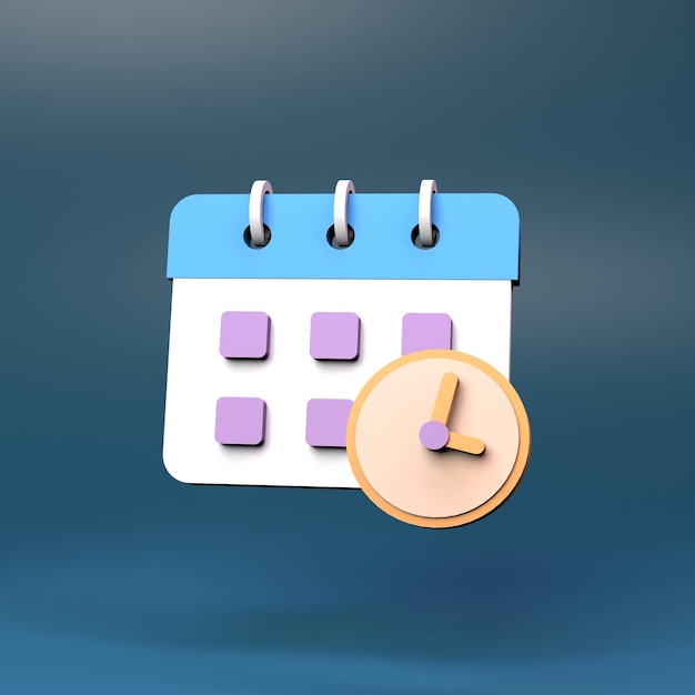 Icona del calendario con l'illustrazione di rendering 3d dell'orologio