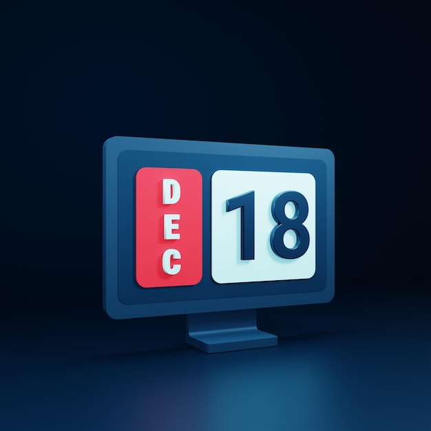 Icona del calendario di dicembre Illustrazione 3D con monitor desktop Data 18 dicembre