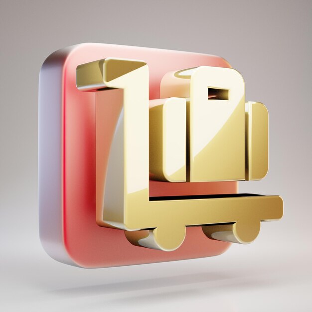 Icona del carrello bagagli. Simbolo dorato del carrello dei bagagli sul piatto d'oro rosso opaco. 3D ha reso l'icona dei social media.