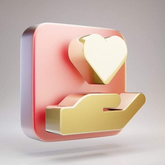 Icona del cuore della holding della mano. Simbolo dorato del cuore della tenuta della mano sul piatto d'oro rosso opaco. 3D ha reso l'icona dei social media.