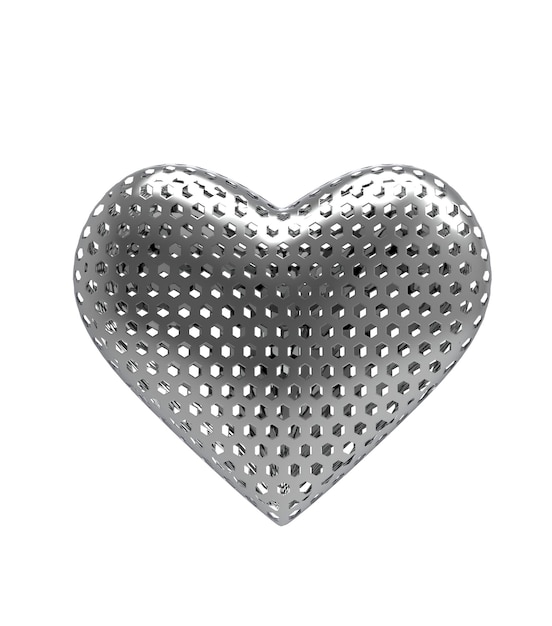 Icona del cuore in metallo isolata su sfondo bianco Illustrazione 3D