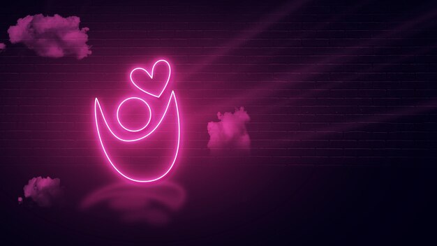icona del cuore medico effetto neon rosa e spazio vuoto per copiare o messaggio parete scura sfondo nuvole.
