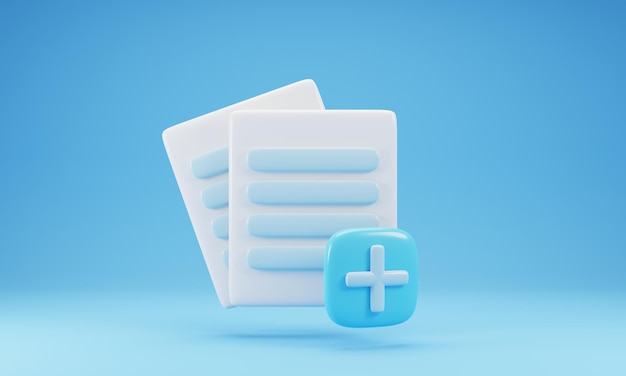 Icona del documento di file con segno più isolato su sfondo blu illustrazione del rendering 3d