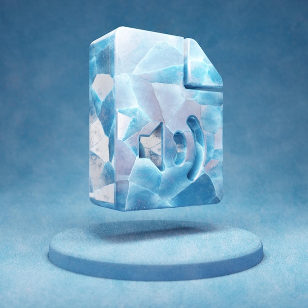 Icona del file audio. Simbolo blu rotto dell'archivio audio del ghiaccio sul podio blu della neve. Icona social media per sito Web, presentazione, elemento modello di design. Rendering 3D.
