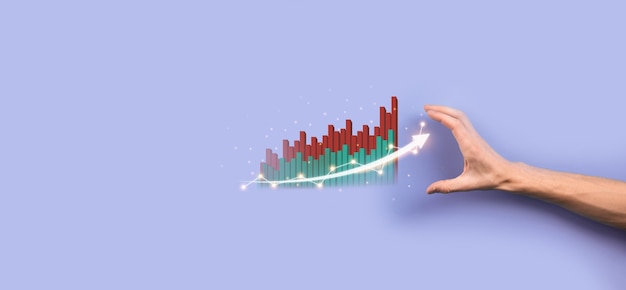 Icona del grafico della tenuta della mano maschio. controllo dell'analisi del grafico del grafico della crescita dei dati di vendita e del mercato azionario sul networking globale. Strategia aziendale, pianificazione e marketing digitale.