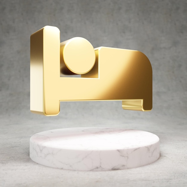 Icona del letto. Simbolo letto lucido oro su podio in marmo bianco. Icona moderna per sito Web, social media, presentazione, elemento modello di design. Rendering 3D.